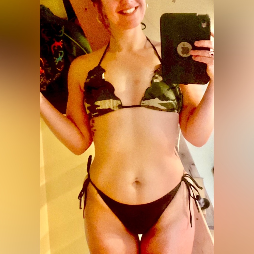 Camo Triangle Bikini Top and Black Tie-Side Bottoms - Women Swim
